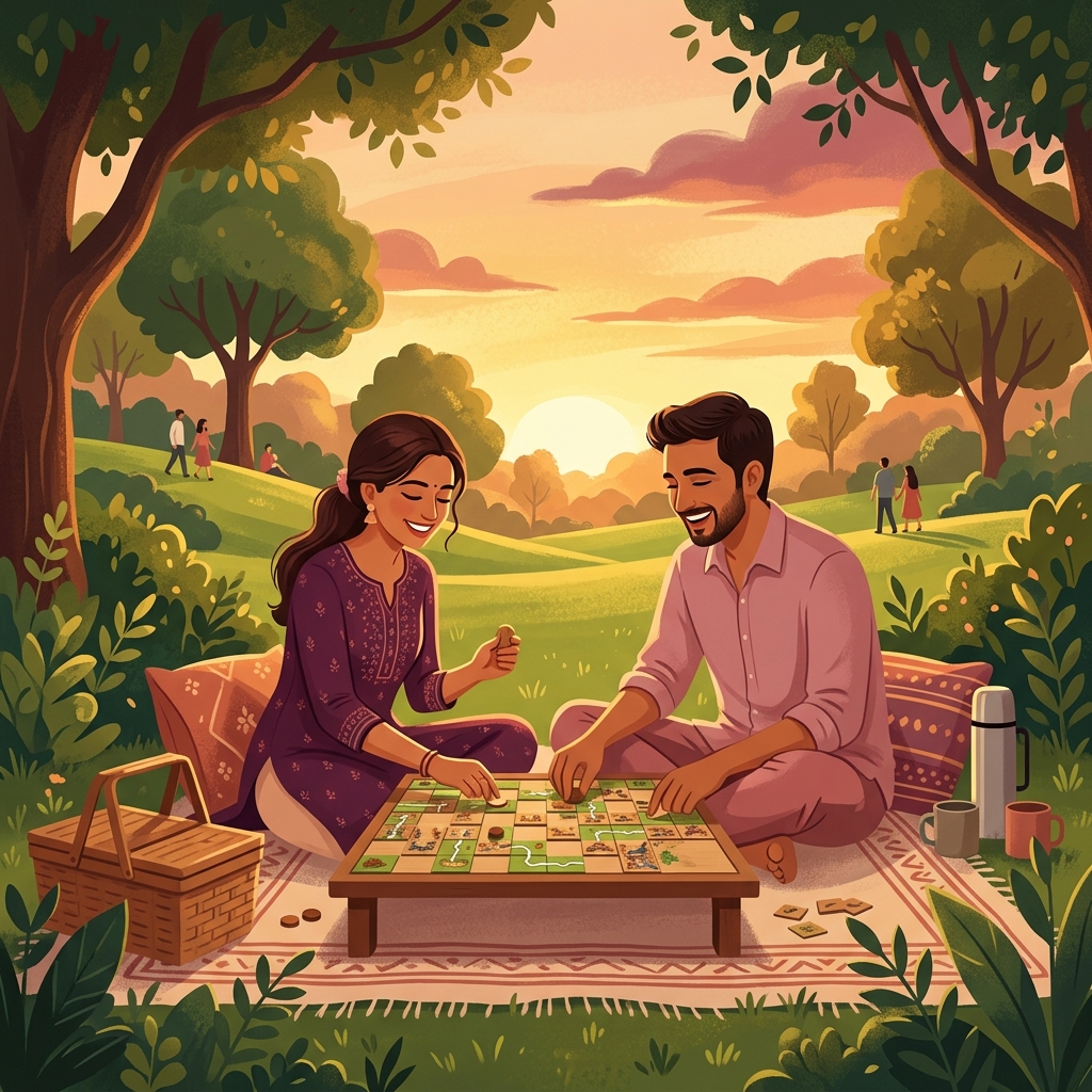 A cozy romantic illustration of a young Indian couple playing a board game in a green park during sunset
