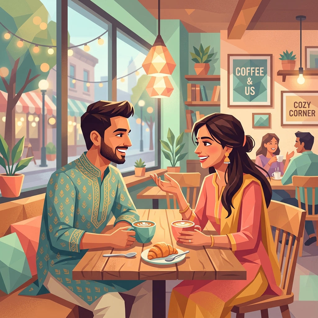 A warm illustration of a young Indian couple talking and smiling at a cafe over coffee